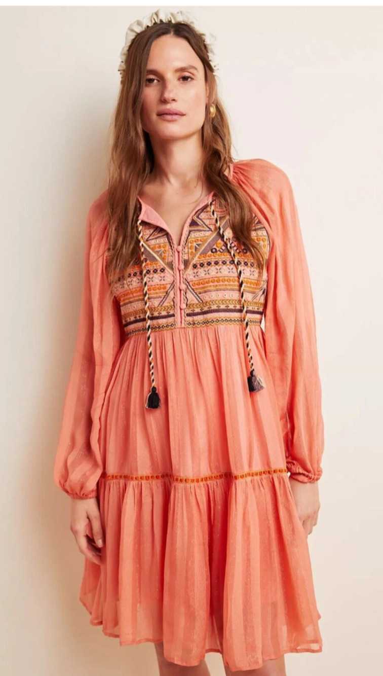 BLANK LONDON Anthropologie Norah Orange Shimmer Embroidered Dress Size XS Tunic